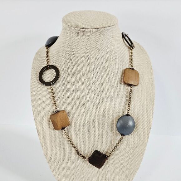 Artisan Jewelry - Vintage Wooden Earthy Beaded Geometric Chunky Artisan Folk Art Chain Necklace